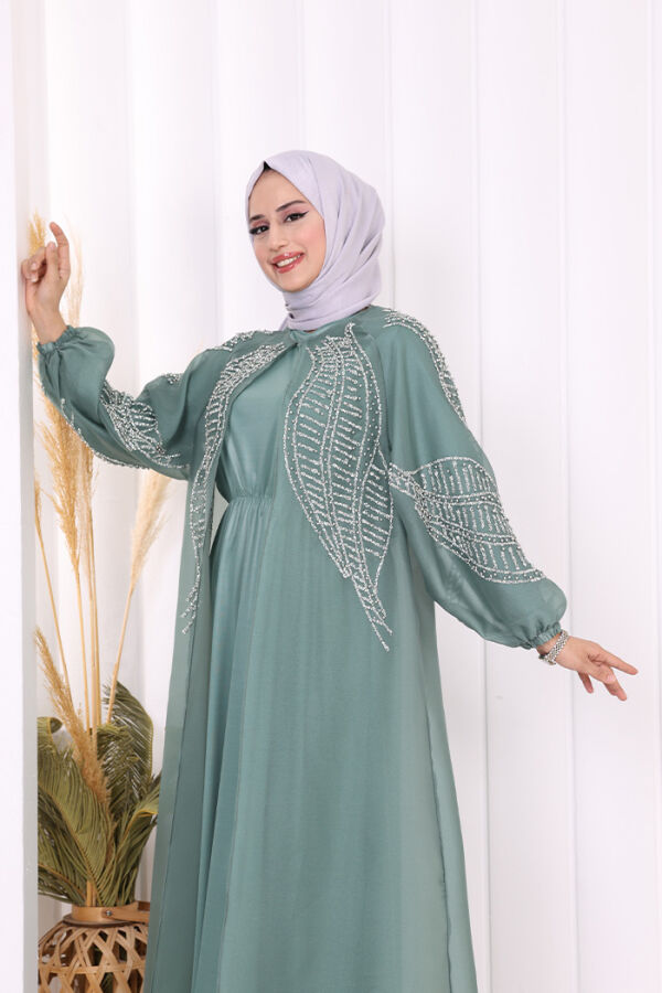 Taş Detaylı Elbise Abaya Takım 3943 Mint - 5