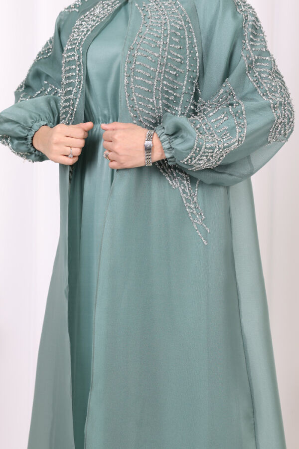 Taş Detaylı Elbise Abaya Takım 3943 Mint - 6