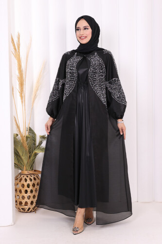 Taş Detaylı Elbise Abaya Takım 3943 Siyah