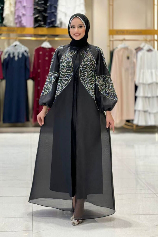 Taş Detaylı Elbise Abaya Takım 3943 Siyah - 1