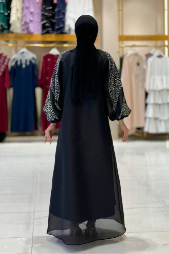 Taş Detaylı Elbise Abaya Takım 3943 Siyah - 2