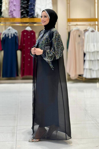 Taş Detaylı Elbise Abaya Takım 3943 Siyah - 3