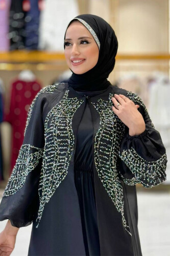 Taş Detaylı Elbise Abaya Takım 3943 Siyah - 4