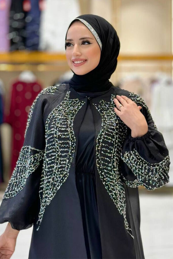 Taş Detaylı Elbise Abaya Takım 3943 Siyah - 4