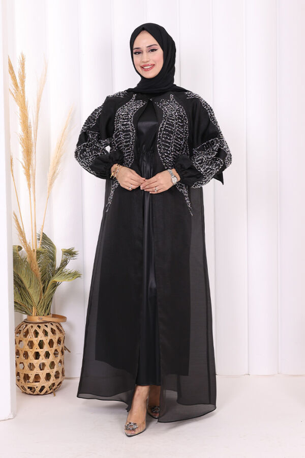 Taş Detaylı Elbise Abaya Takım 3943 Siyah - 2