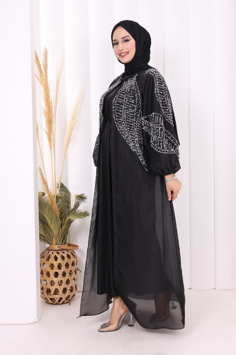 Taş Detaylı Elbise Abaya Takım 3943 Siyah - 3