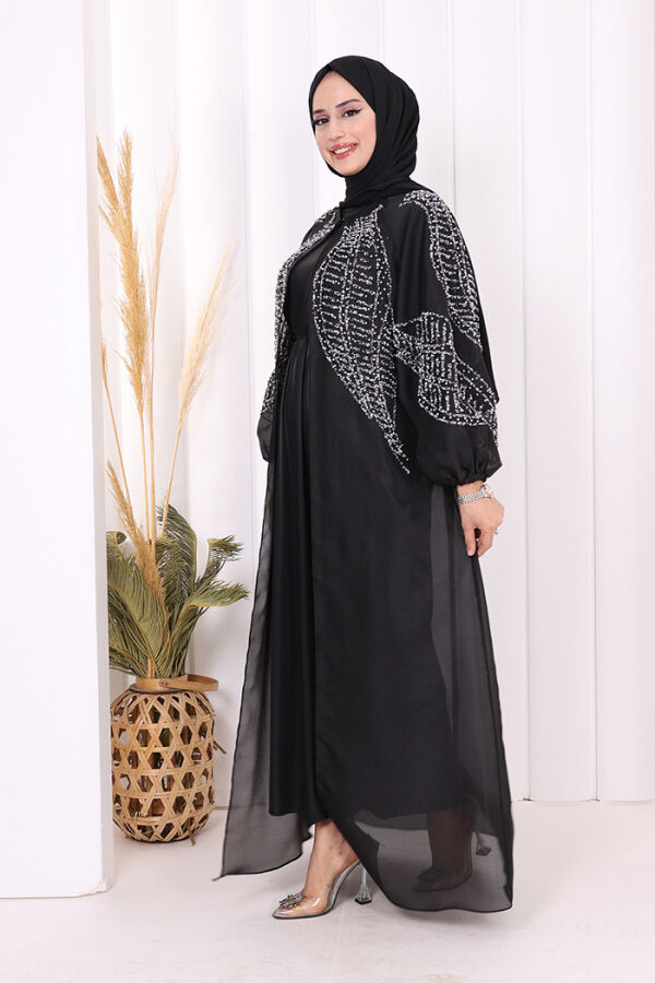 Taş Detaylı Elbise Abaya Takım 3943 Siyah - 3