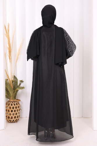 Taş Detaylı Elbise Abaya Takım 3943 Siyah - 4