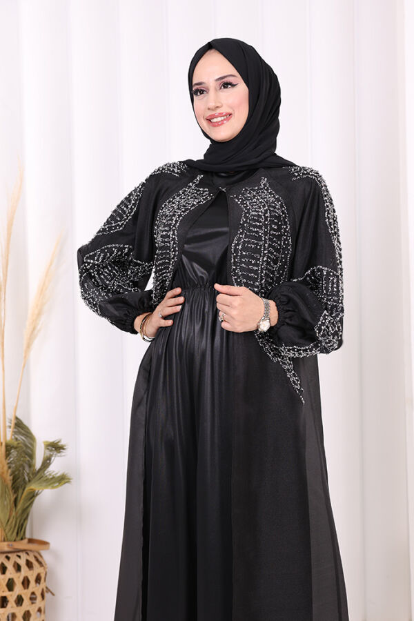 Taş Detaylı Elbise Abaya Takım 3943 Siyah - 5