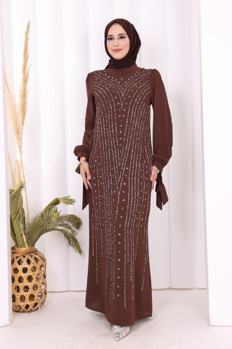 Taş Detaylı Elbise 3935 Kahverengi - Bym Fashion
