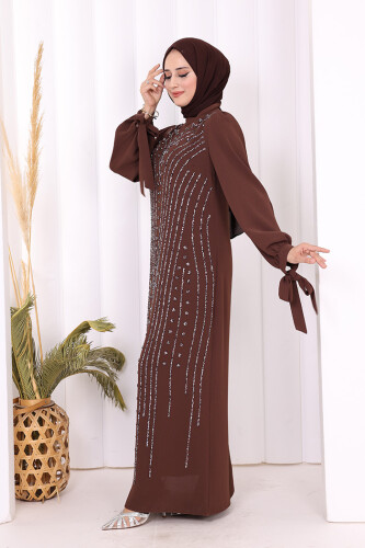 Taş Detaylı Elbise 3935 Kahverengi - 2