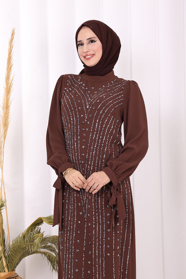 Taş Detaylı Elbise 3935 Kahverengi - 4