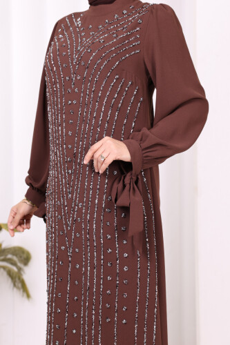 Taş Detaylı Elbise 3935 Kahverengi - 5