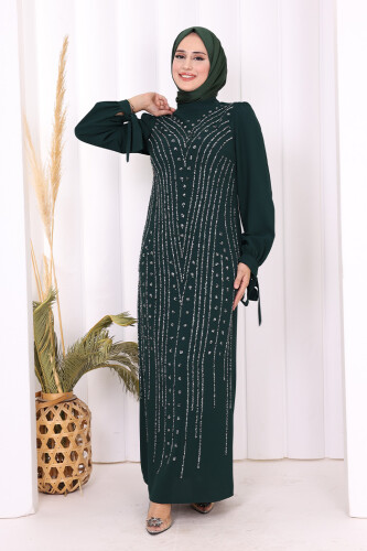 Taş Detaylı Elbise 3935 Zümrüt - Bym Fashion