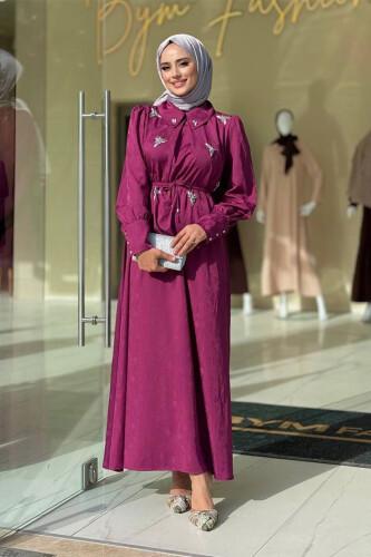 Taş Detaylı Jakar Elbise 3924 Mürdüm - Bym Fashion