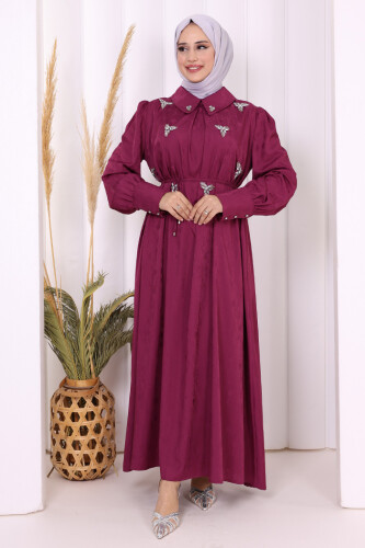 Taş Detaylı Jakar Elbise 3924 Mürdüm - Bym Fashion