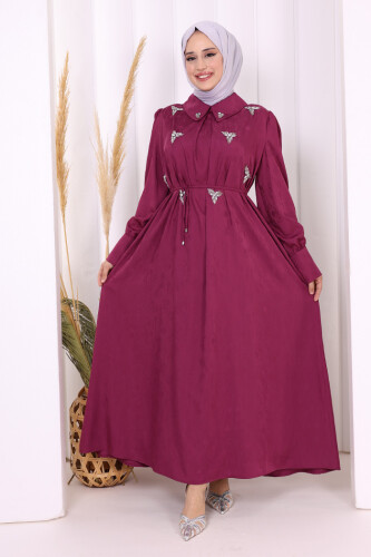 Taş Detaylı Jakar Elbise 3924 Mürdüm - 2