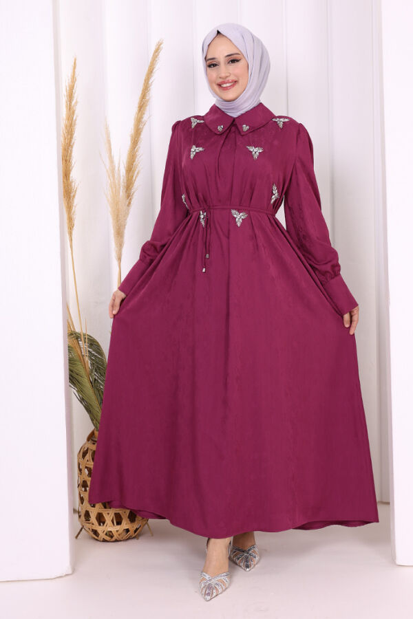 Taş Detaylı Jakar Elbise 3924 Mürdüm - 2