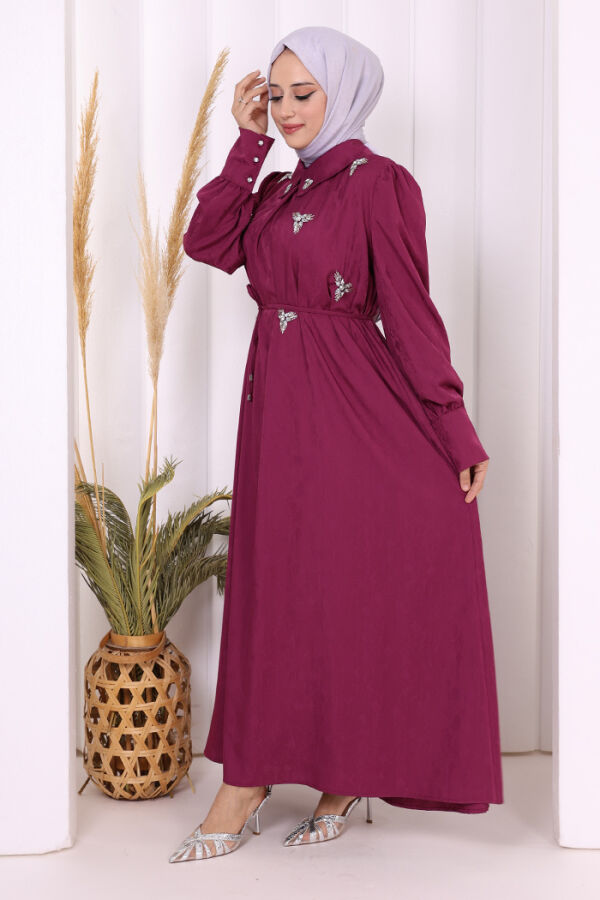 Taş Detaylı Jakar Elbise 3924 Mürdüm - 3