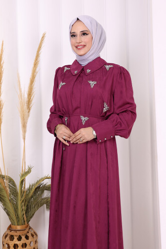 Taş Detaylı Jakar Elbise 3924 Mürdüm - 5