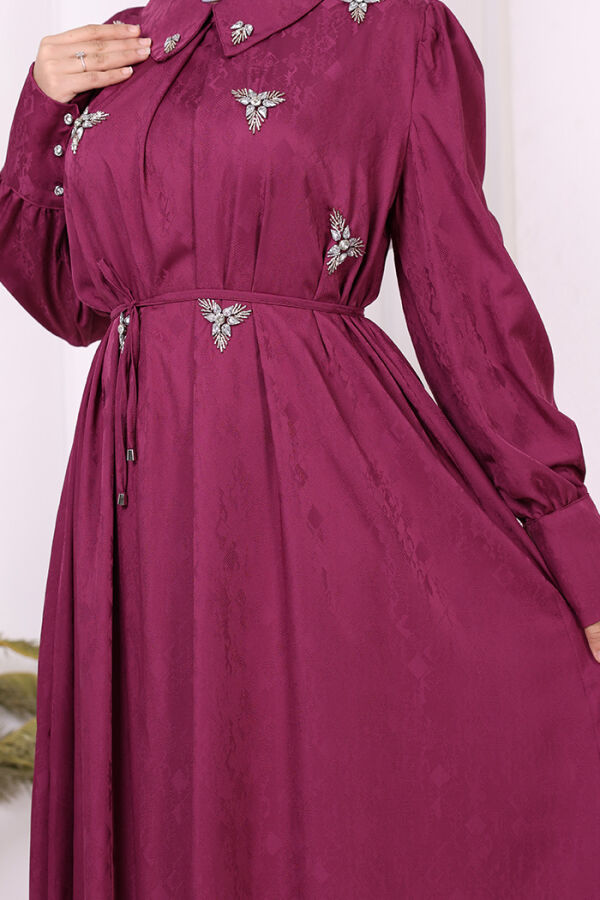 Taş Detaylı Jakar Elbise 3924 Mürdüm - 6