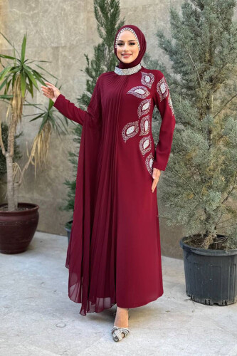 Taş Detaylı Pelerinli Elbise 3938 Bordo - Bym Fashion