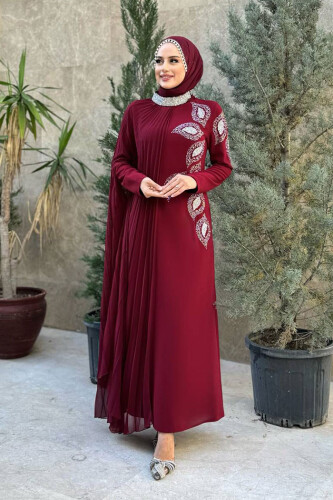 Taş Detaylı Pelerinli Elbise 3938 Bordo - 3