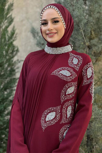 Taş Detaylı Pelerinli Elbise 3938 Bordo - 4