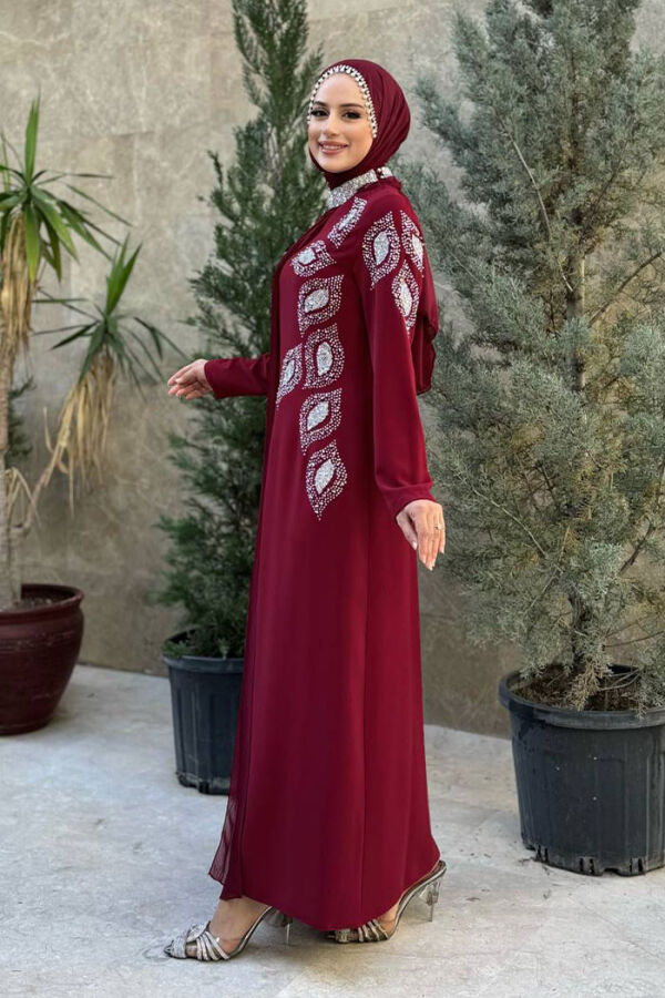 Taş Detaylı Pelerinli Elbise 3938 Bordo - 2