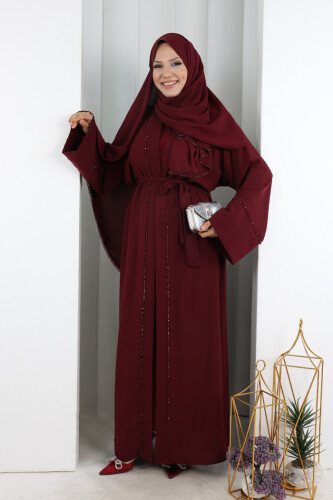 Taş Detaylı Şallı Abaya 7096 Bordo