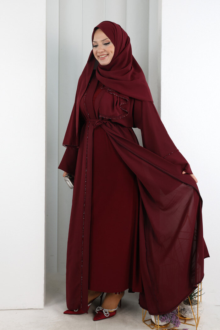 Taş Detaylı Şallı Abaya 7096 Bordo - 2