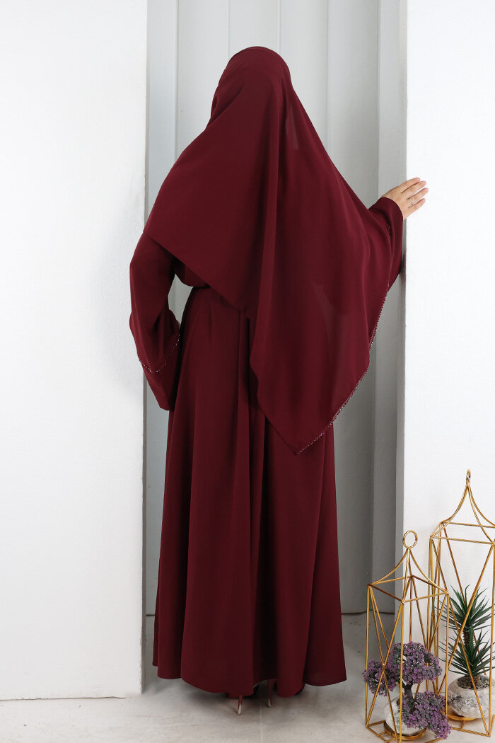 Taş Detaylı Şallı Abaya 7096 Bordo - 3