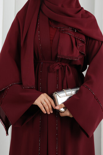 Taş Detaylı Şallı Abaya 7096 Bordo - 4