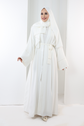 Taş Detaylı Şallı Abaya 7096 Ekru