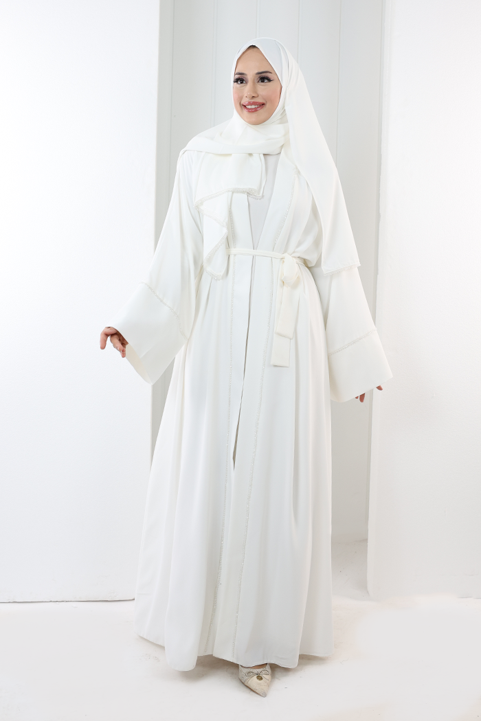 Taş Detaylı Şallı Abaya 7096 Ekru - 1