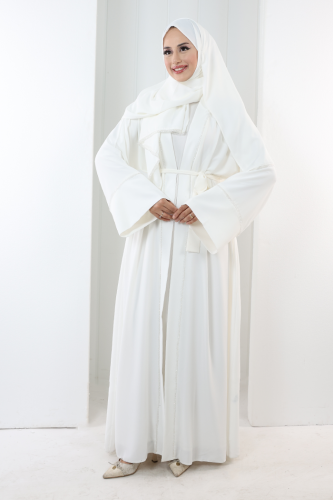 Taş Detaylı Şallı Abaya 7096 Ekru - 2