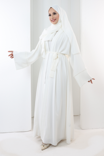 Taş Detaylı Şallı Abaya 7096 Ekru - 3