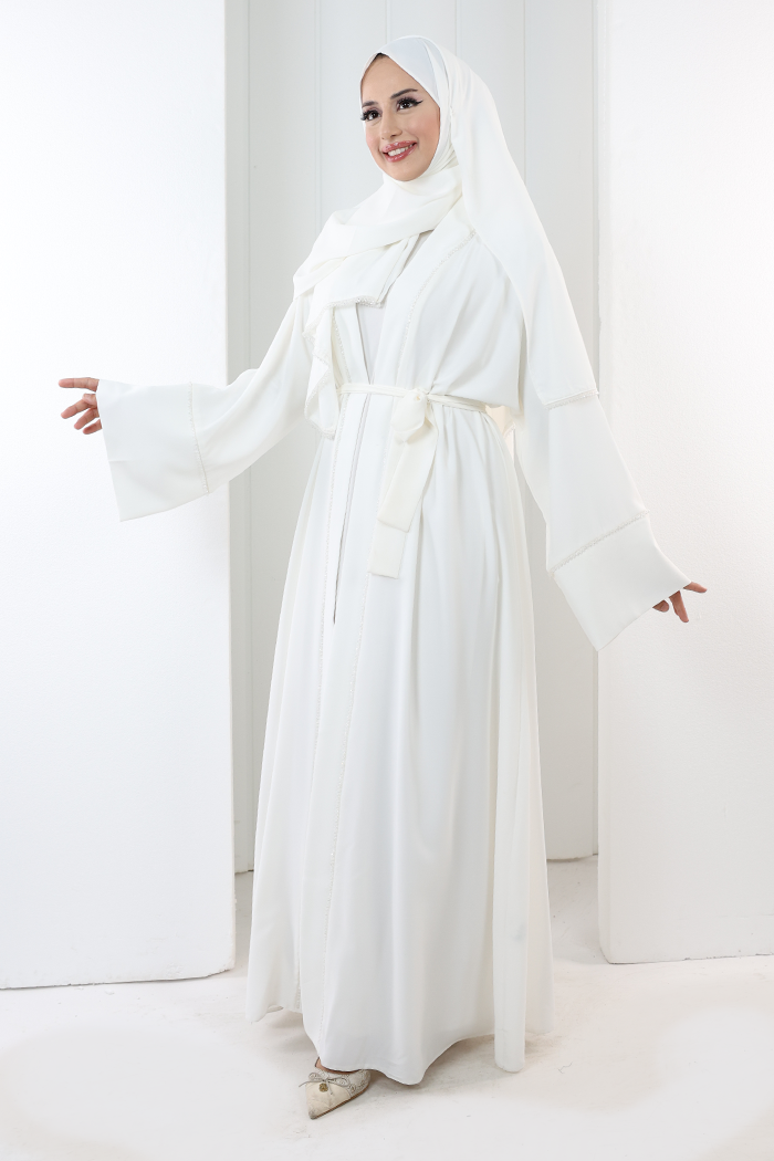Taş Detaylı Şallı Abaya 7096 Ekru - 3