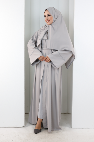 Taş Detaylı Şallı Abaya 7096 Gri