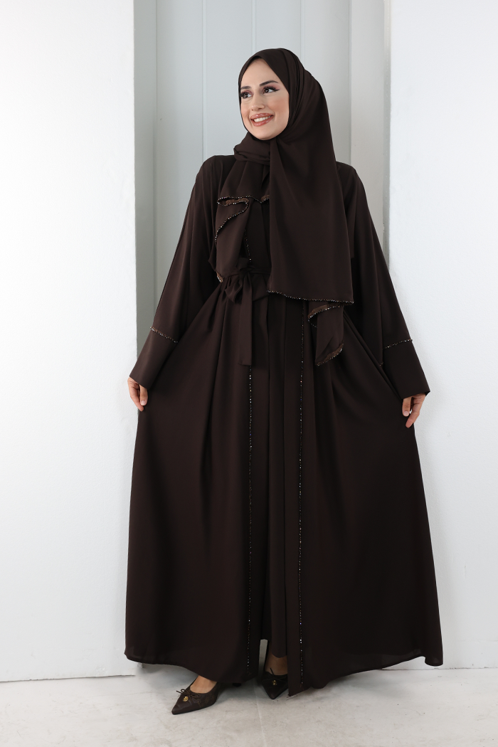 Taş Detaylı Şallı Abaya 7096 Kahverengi - 1