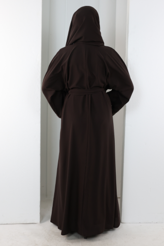 Taş Detaylı Şallı Abaya 7096 Kahverengi - 3