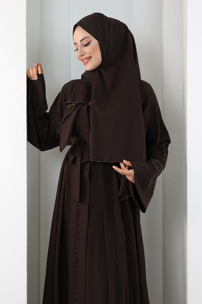 Taş Detaylı Şallı Abaya 7096 Kahverengi - 4