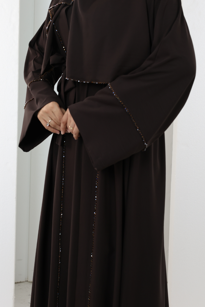Taş Detaylı Şallı Abaya 7096 Kahverengi - 5