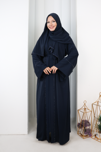 Taş Detaylı Şallı Abaya 7096 Lacivert