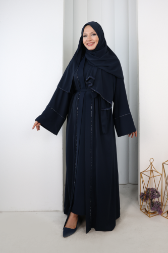 Taş Detaylı Şallı Abaya 7096 Lacivert - 2