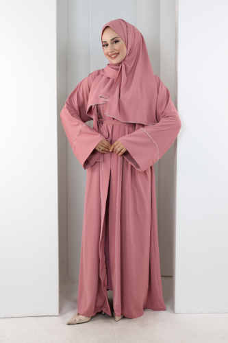 Taş Detaylı Şallı Abaya 7096 Pudra