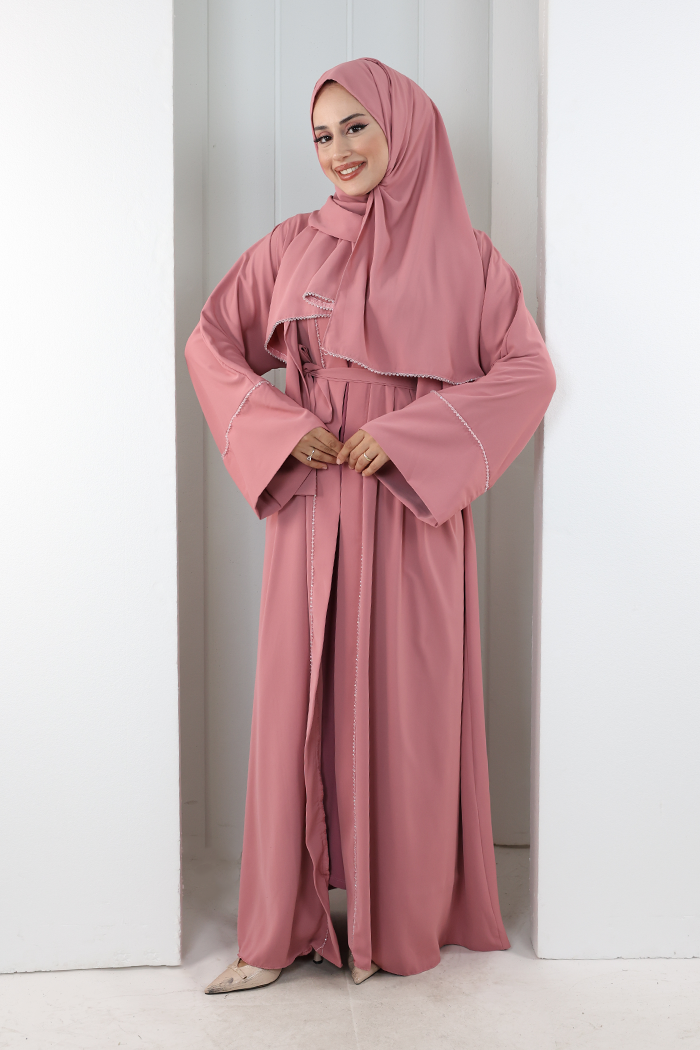 Taş Detaylı Şallı Abaya 7096 Pudra - 1