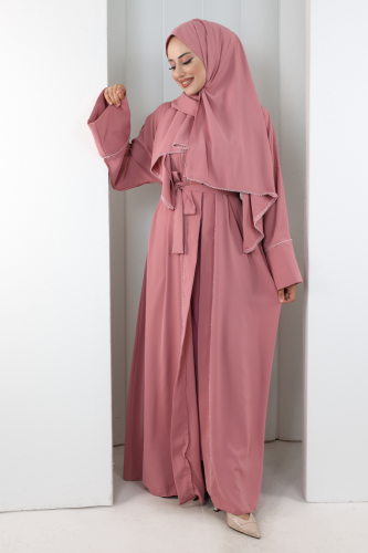 Taş Detaylı Şallı Abaya 7096 Pudra - 2