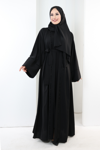 Taş Detaylı Şallı Abaya 7096 Siyah