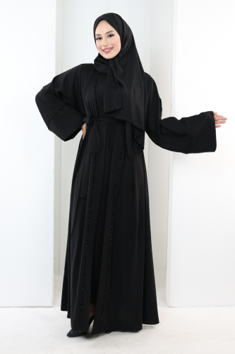 Taş Detaylı Şallı Abaya 7096 Siyah - 2